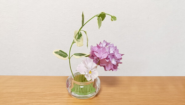 紫陽花とビオラとツルニチニチソウを生けてみた
